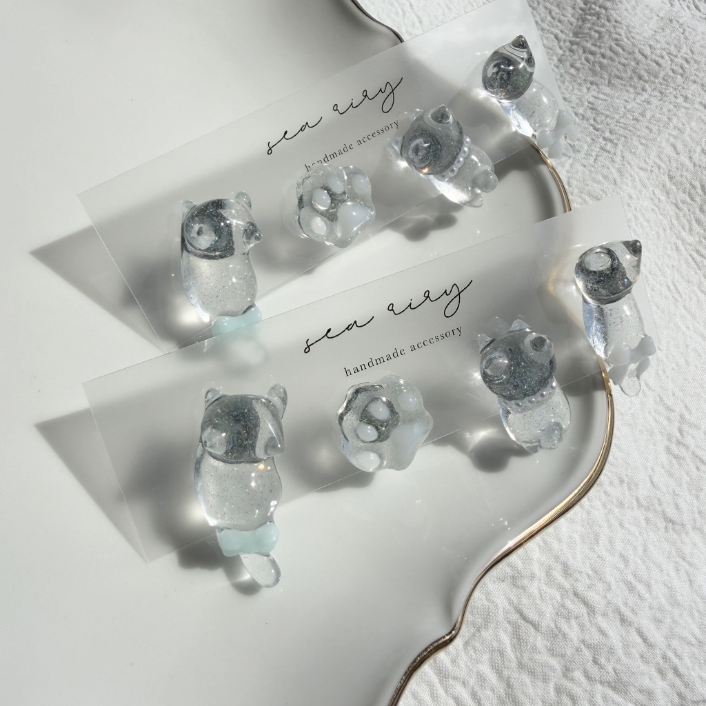 no.309 おめかしねこちゃんのピアスセット 猫 ねこ リボン パール ブルー ホワイト サージカルステンレス