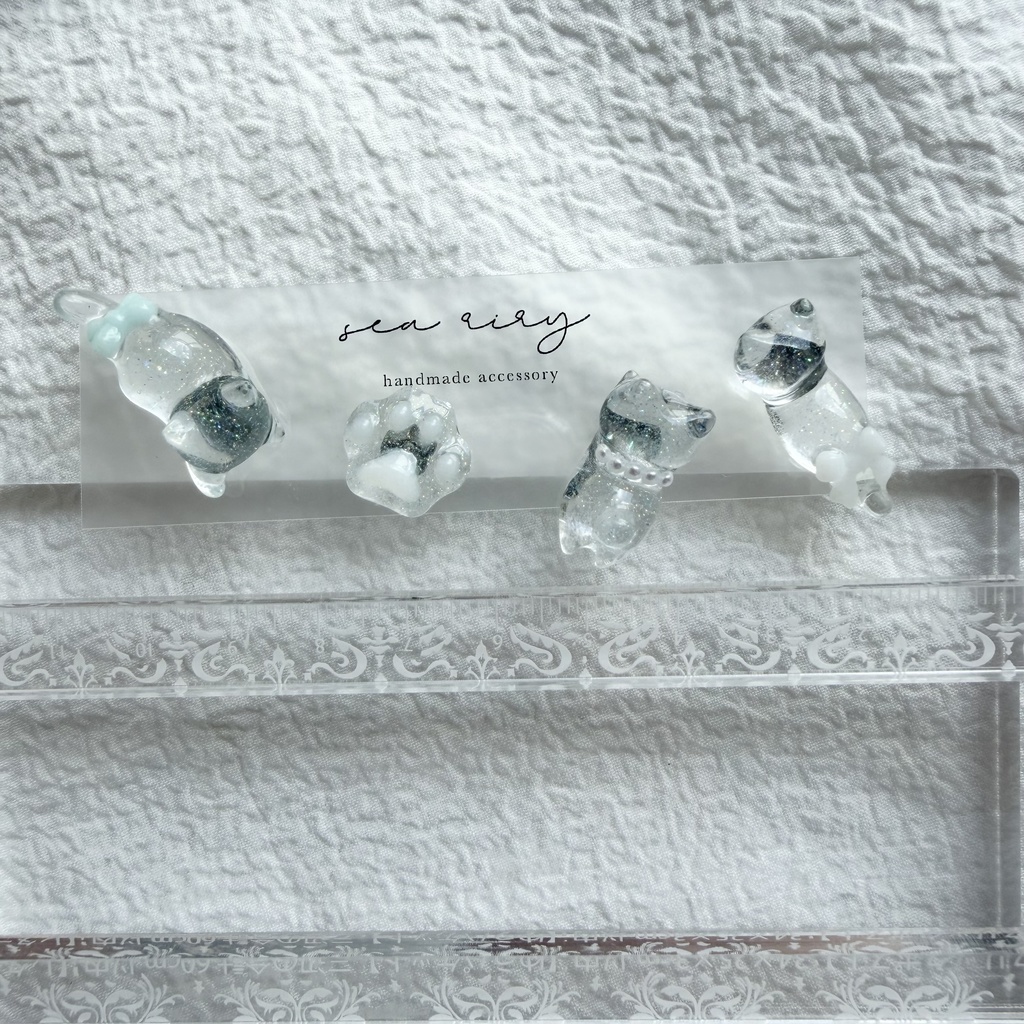 no.309 おめかしねこちゃんのピアスセット 猫 ねこ リボン パール ブルー ホワイト サージカルステンレス