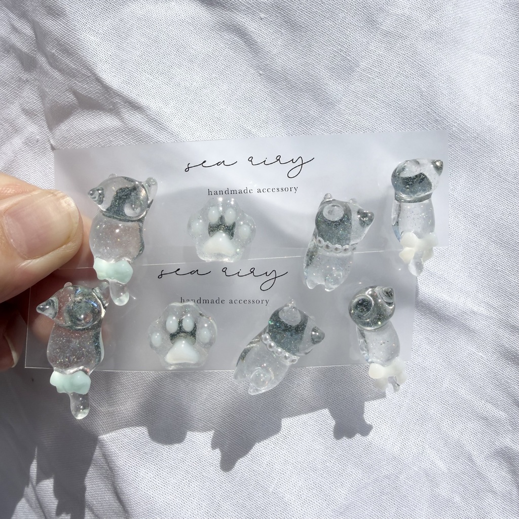 no.309 おめかしねこちゃんのピアスセット 猫 ねこ リボン パール ブルー ホワイト サージカルステンレス