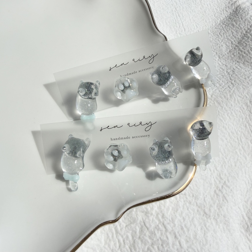 no.309 おめかしねこちゃんのピアスセット 猫 ねこ リボン パール ブルー ホワイト サージカルステンレス