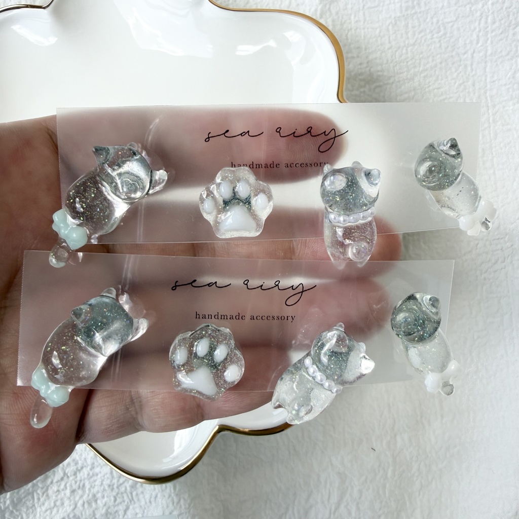 no.309 おめかしねこちゃんのピアスセット 猫 ねこ リボン パール ブルー ホワイト サージカルステンレス