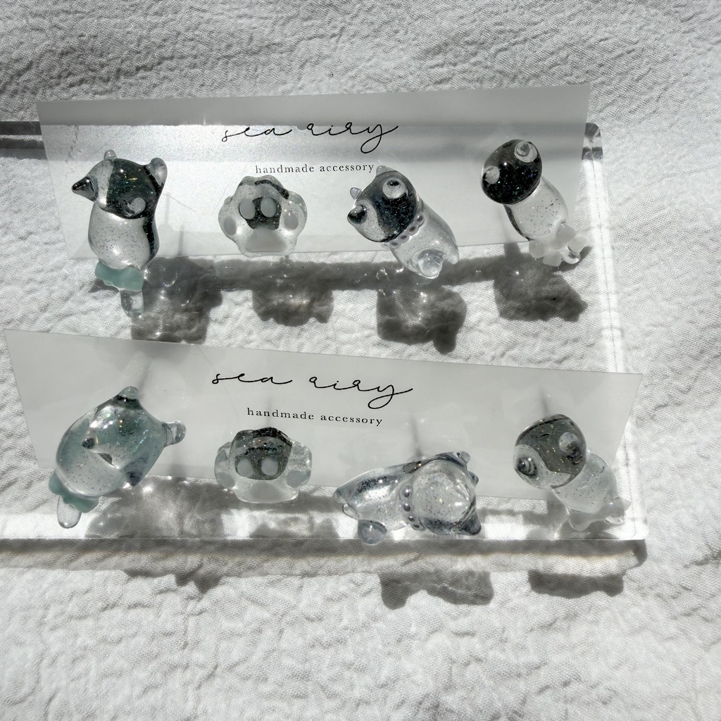 no.309 おめかしねこちゃんのピアスセット 猫 ねこ リボン パール ブルー ホワイト サージカルステンレス