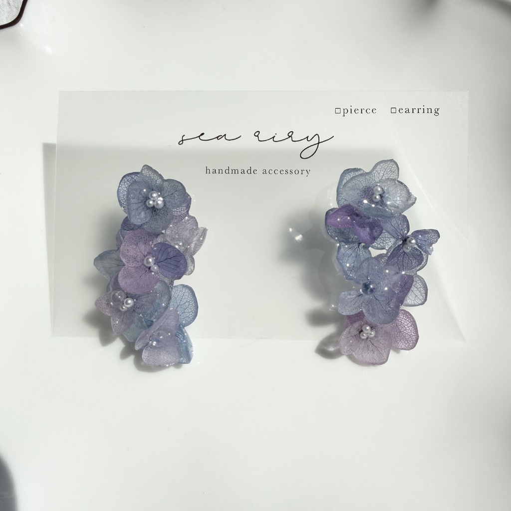 no.310 紫陽花連なるピアス 本物のお花 紫陽花 アジサイ マーメイド パール サージカルステンレス ピアス