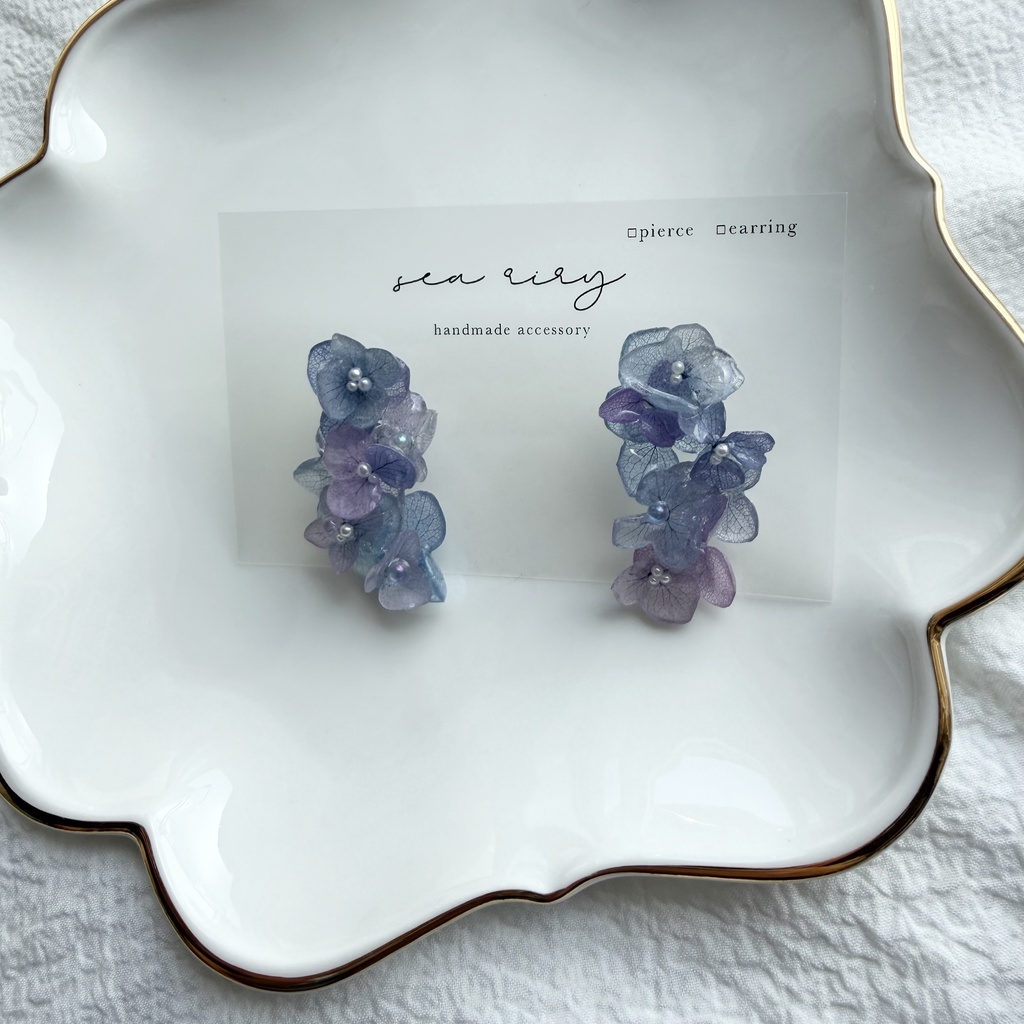 no.310 紫陽花連なるピアス 本物のお花 紫陽花 アジサイ マーメイド パール サージカルステンレス ピアス