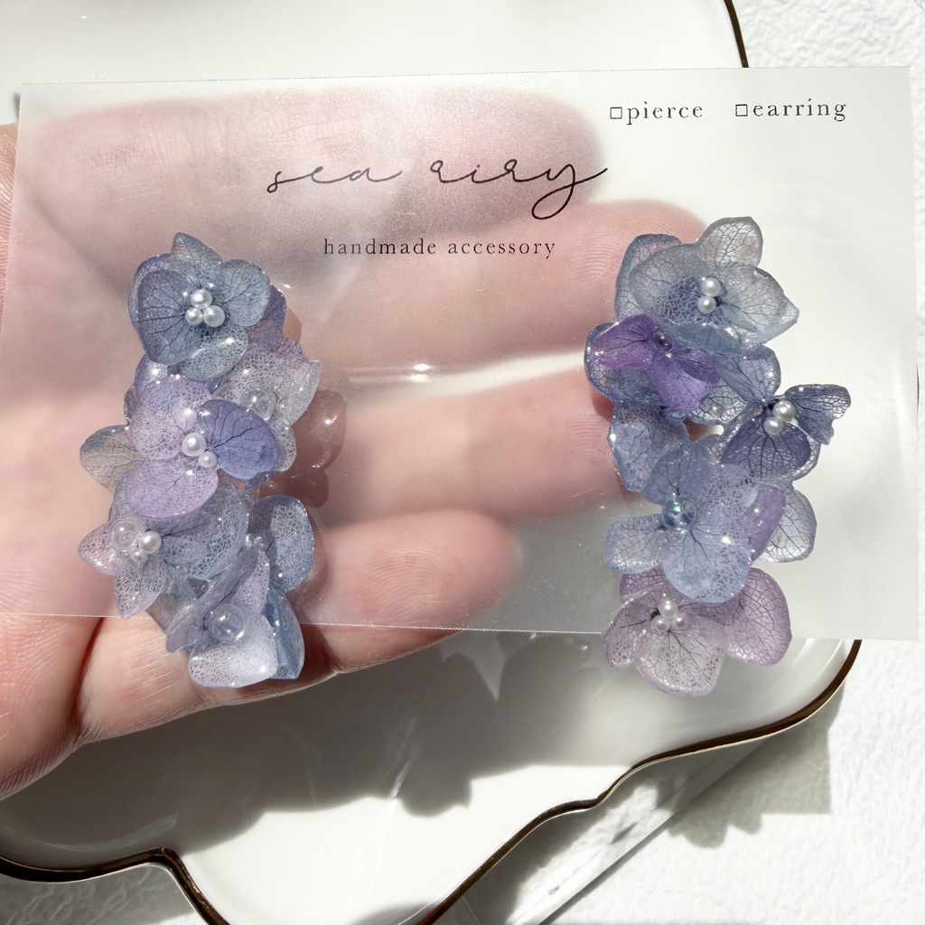 no.310 紫陽花連なるピアス 本物のお花 紫陽花 アジサイ マーメイド パール サージカルステンレス ピアス