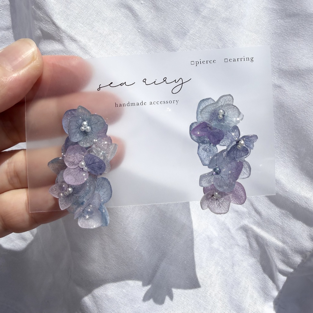 no.310 紫陽花連なるピアス 本物のお花 紫陽花 アジサイ マーメイド パール サージカルステンレス ピアス