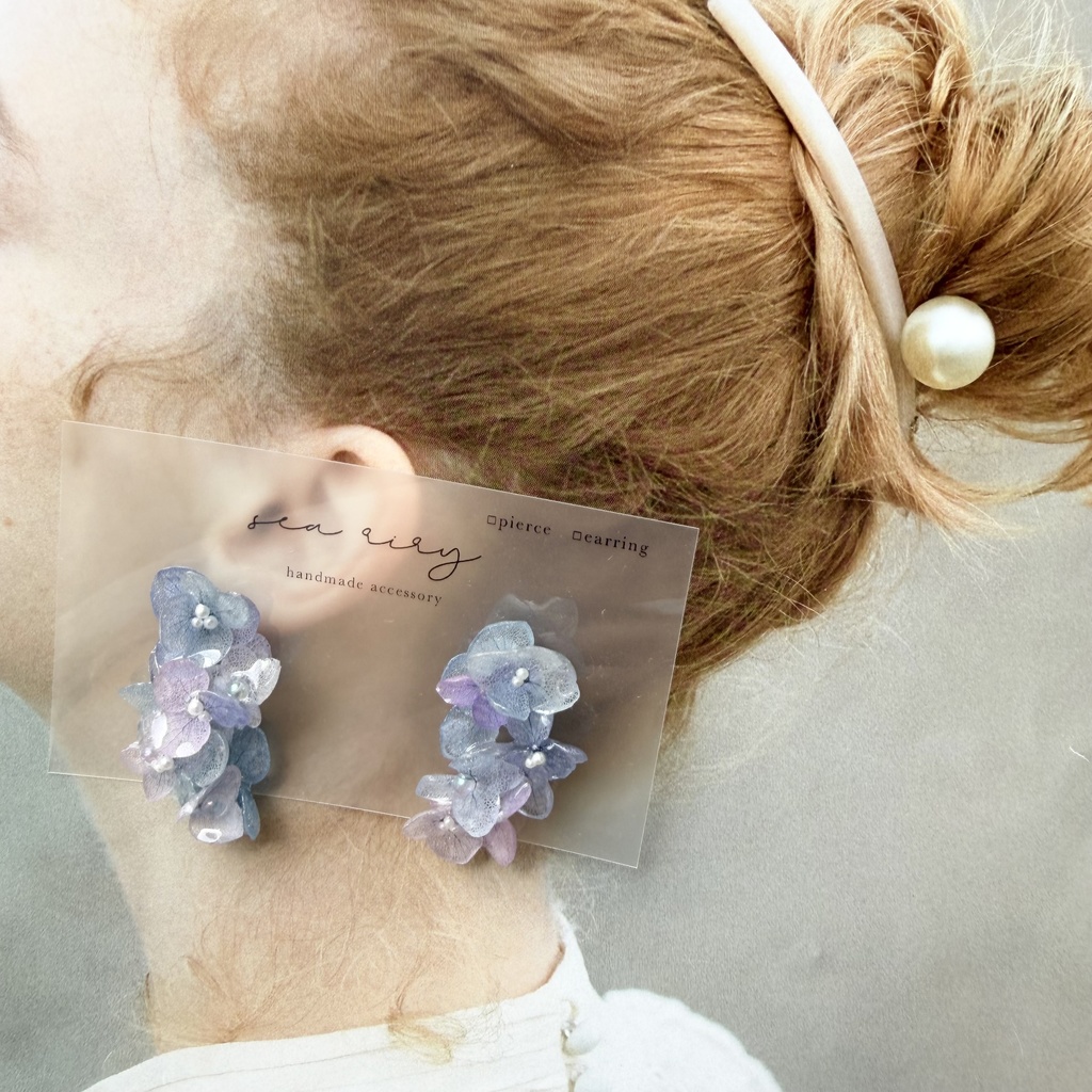 no.310 紫陽花連なるピアス 本物のお花 紫陽花 アジサイ マーメイド パール サージカルステンレス ピアス