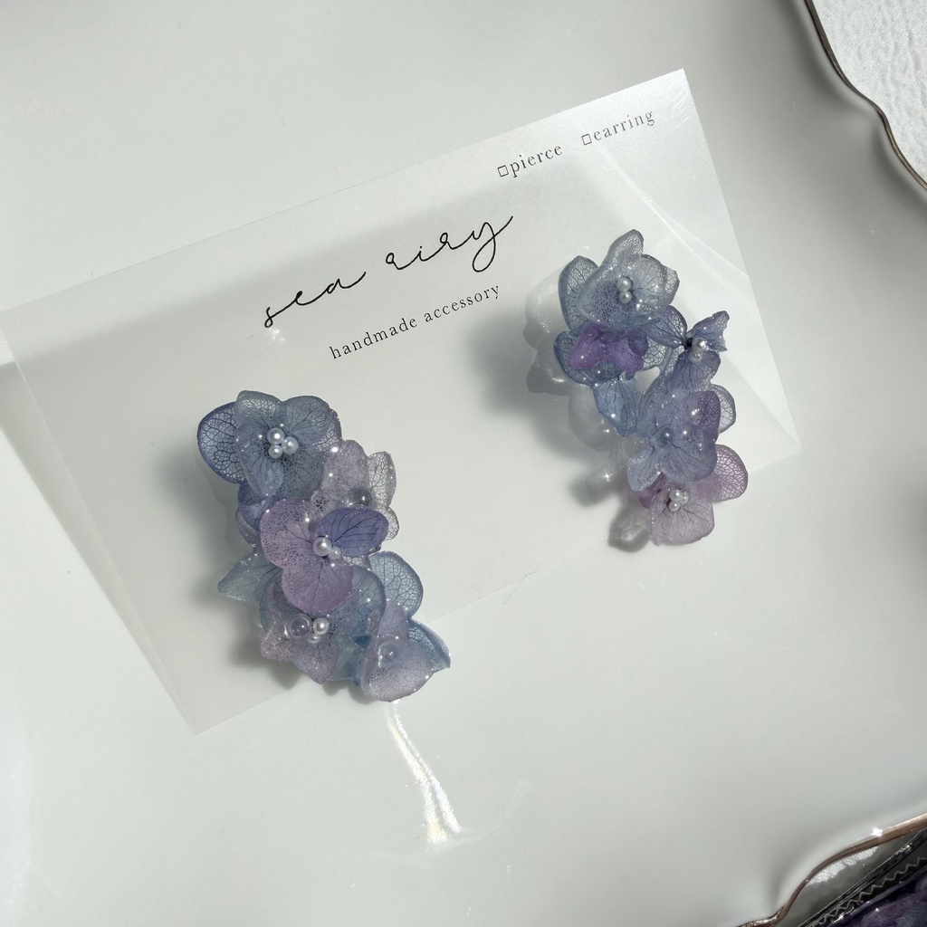 no.310 紫陽花連なるピアス 本物のお花 紫陽花 アジサイ マーメイド パール サージカルステンレス ピアス