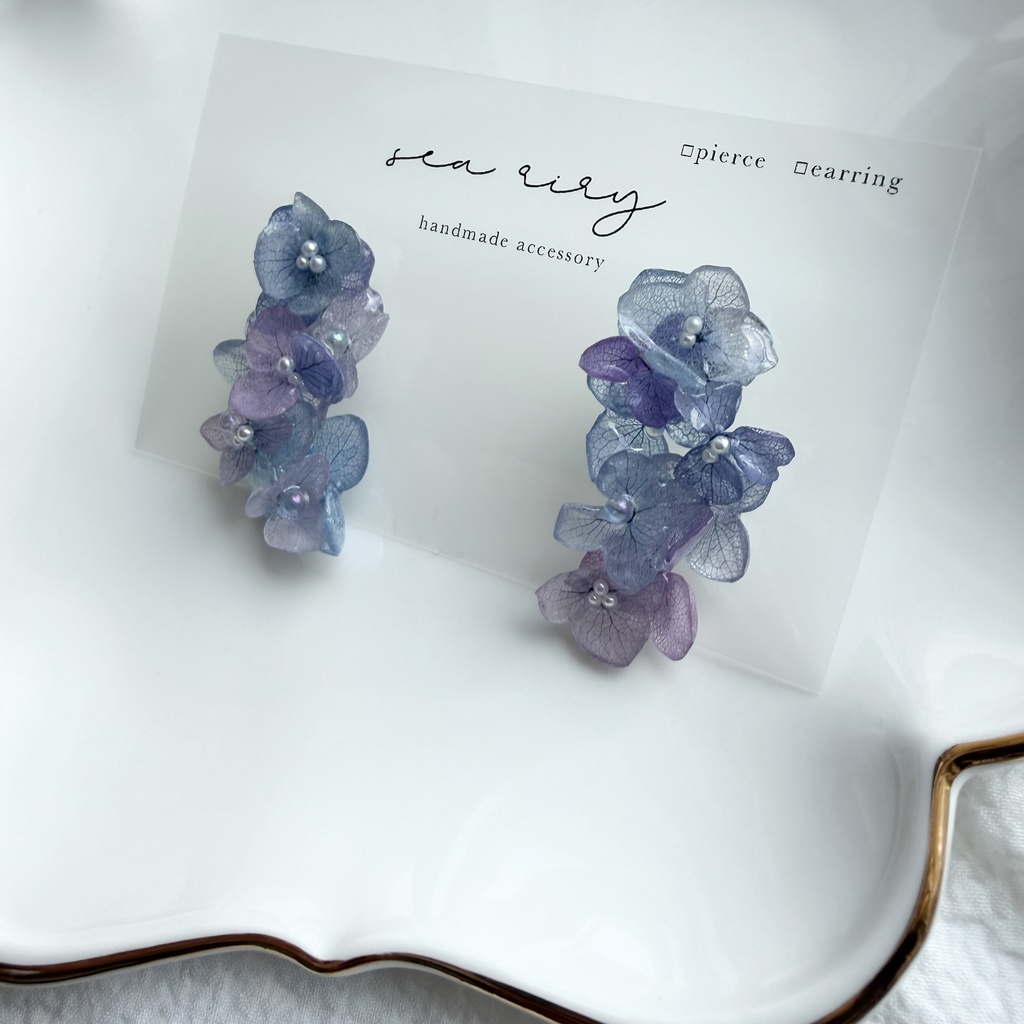 no.310 紫陽花連なるピアス 本物のお花 紫陽花 アジサイ マーメイド パール サージカルステンレス ピアス