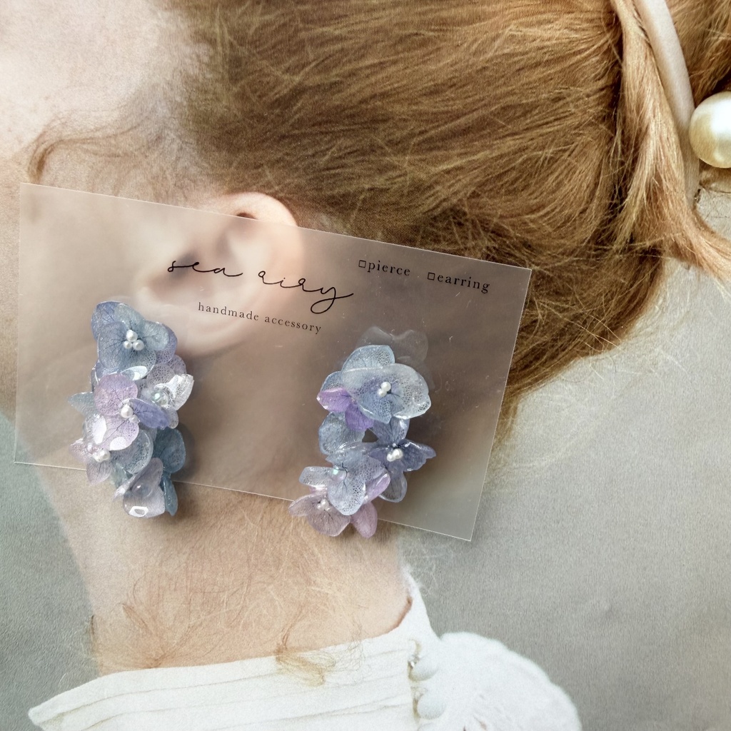 no.310 紫陽花連なるピアス 本物のお花 紫陽花 アジサイ マーメイド パール サージカルステンレス ピアス