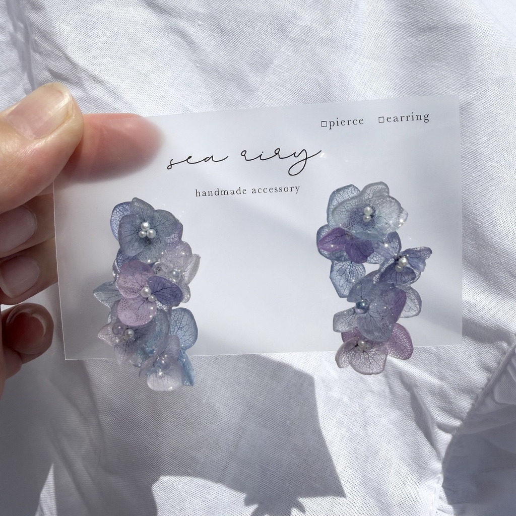 no.310 紫陽花連なるピアス 本物のお花 紫陽花 アジサイ マーメイド パール サージカルステンレス ピアス