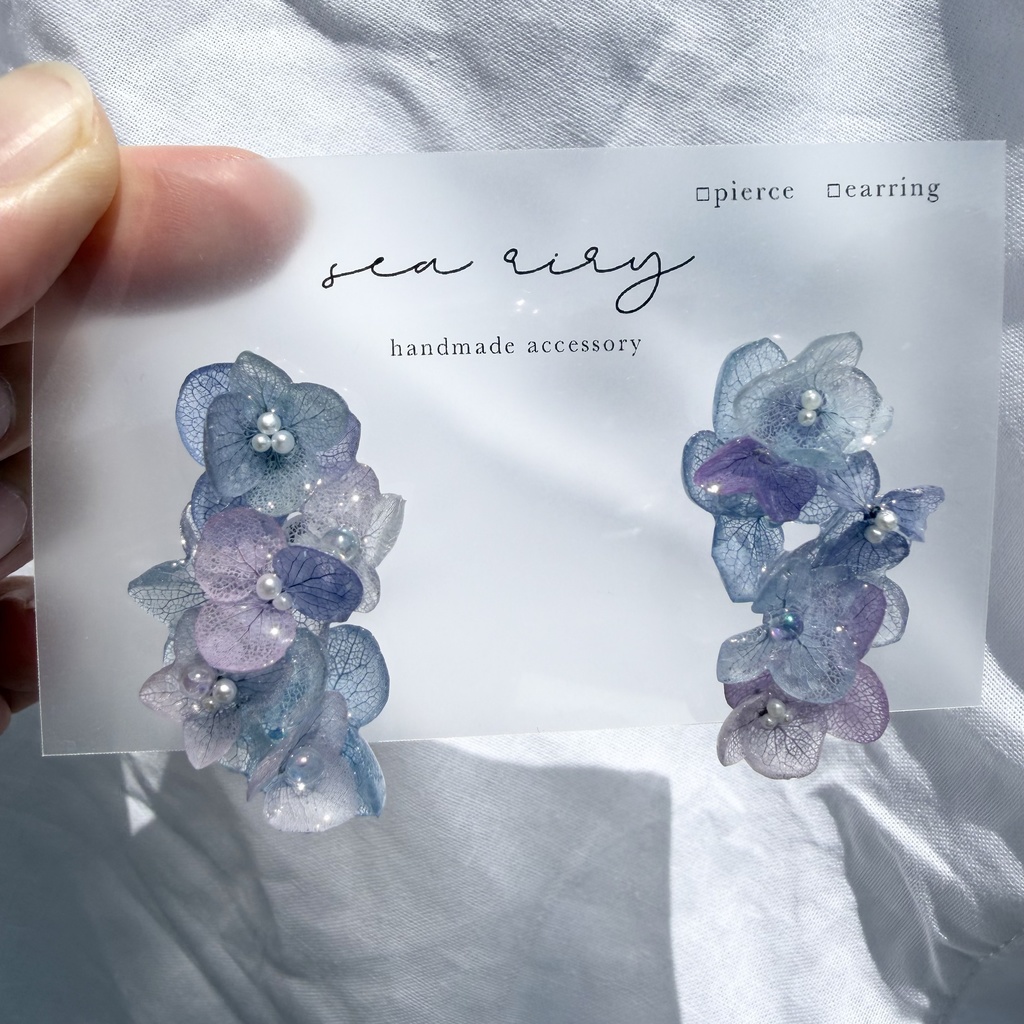 no.310 紫陽花連なるピアス 本物のお花 紫陽花 アジサイ マーメイド パール サージカルステンレス ピアス