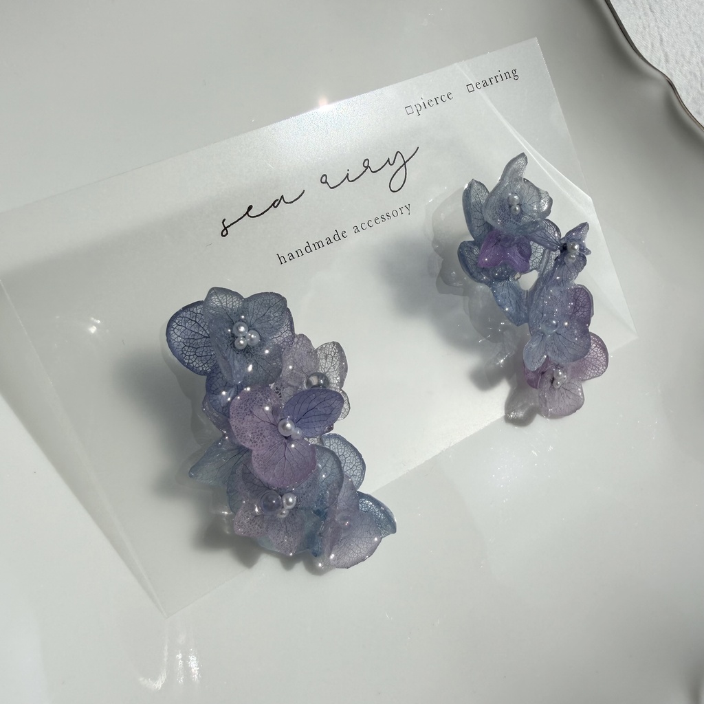 no.310 紫陽花連なるピアス 本物のお花 紫陽花 アジサイ マーメイド パール サージカルステンレス ピアス
