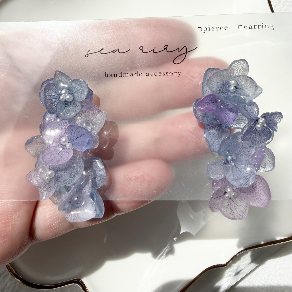 no.310 紫陽花連なるピアス 本物のお花 紫陽花 アジサイ マーメイド パール サージカルステンレス ピアス