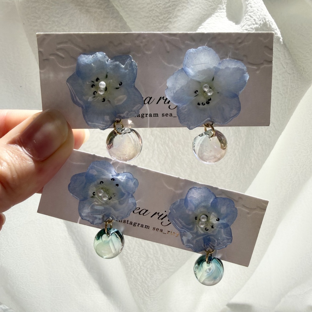 no.319 ネモフィラのピアス ニュイ nuit ブルー ゆらゆらピアス パール サージカルステンレス ピアス