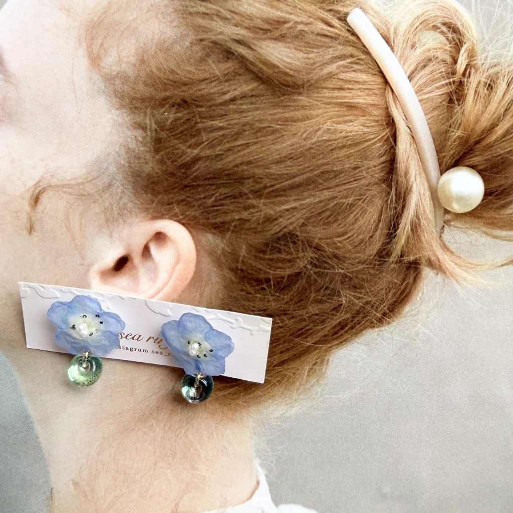 no.319 ネモフィラのピアス ニュイ nuit ブルー ゆらゆらピアス パール サージカルステンレス ピアス