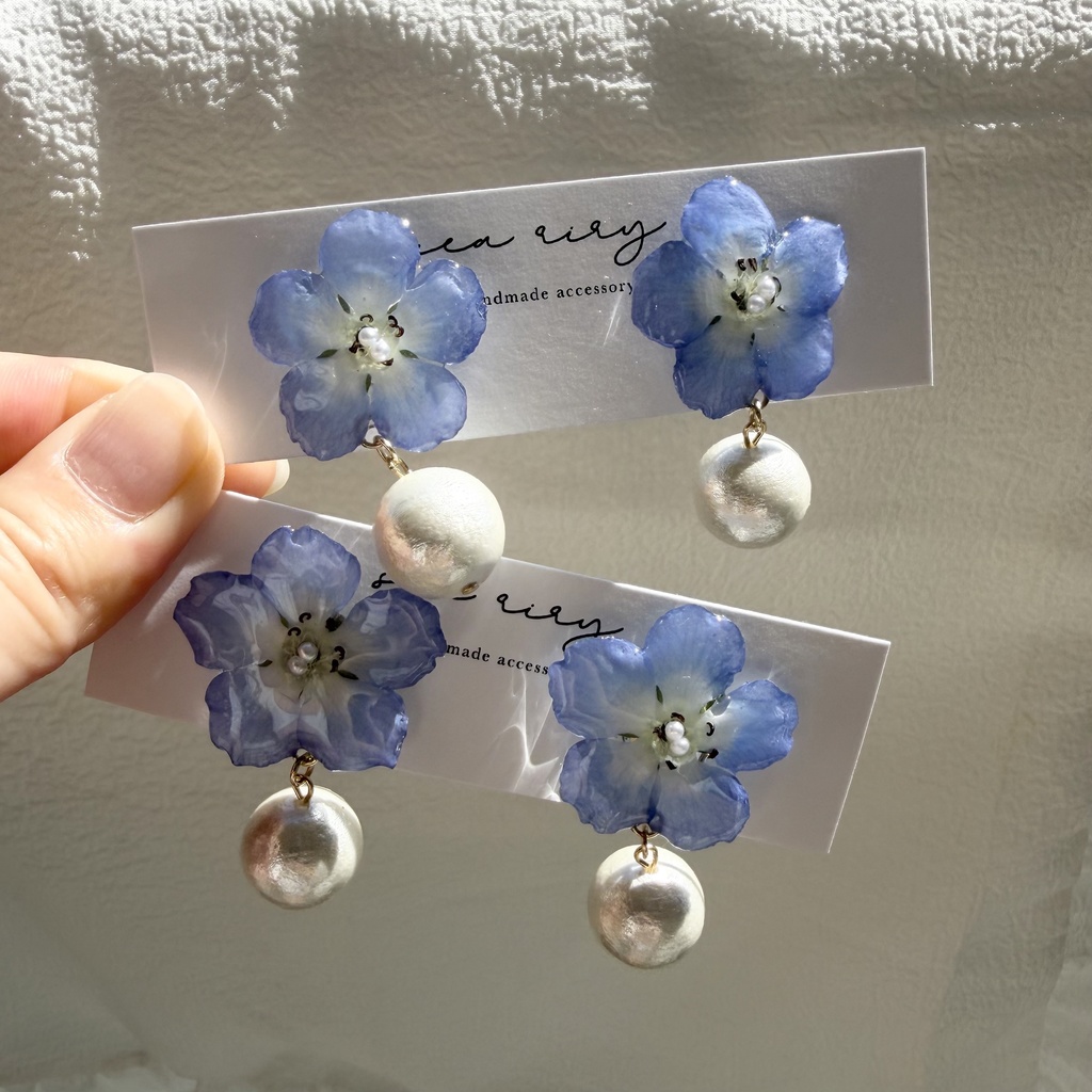 no.324 ネモフィラとコットンパールのピアス ゆらゆら ブルー コットンパール サージカルステンレス ピアス