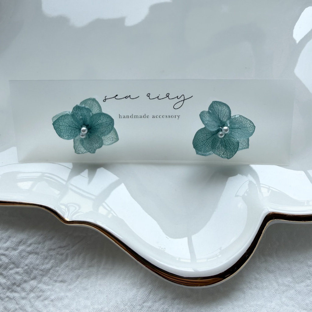 no.327 再販 ブルーライラックの紫陽花ピアス アジサイ パール ブルーグリーン ステンレス ピアス