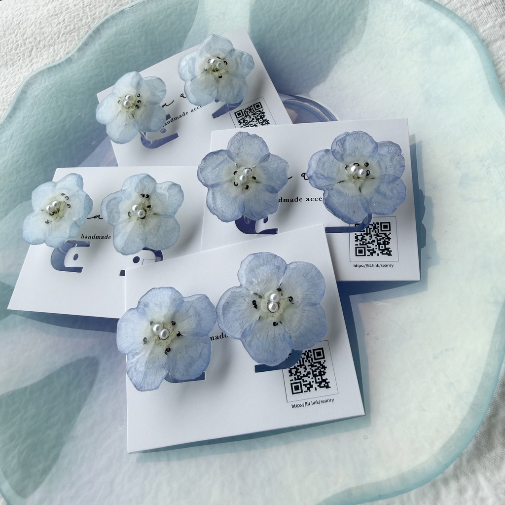 no.335 ネモフィラのイヤリング 本物のお花 ブルー パール ネモフィラ イヤリング 樹脂ノンホールピアス