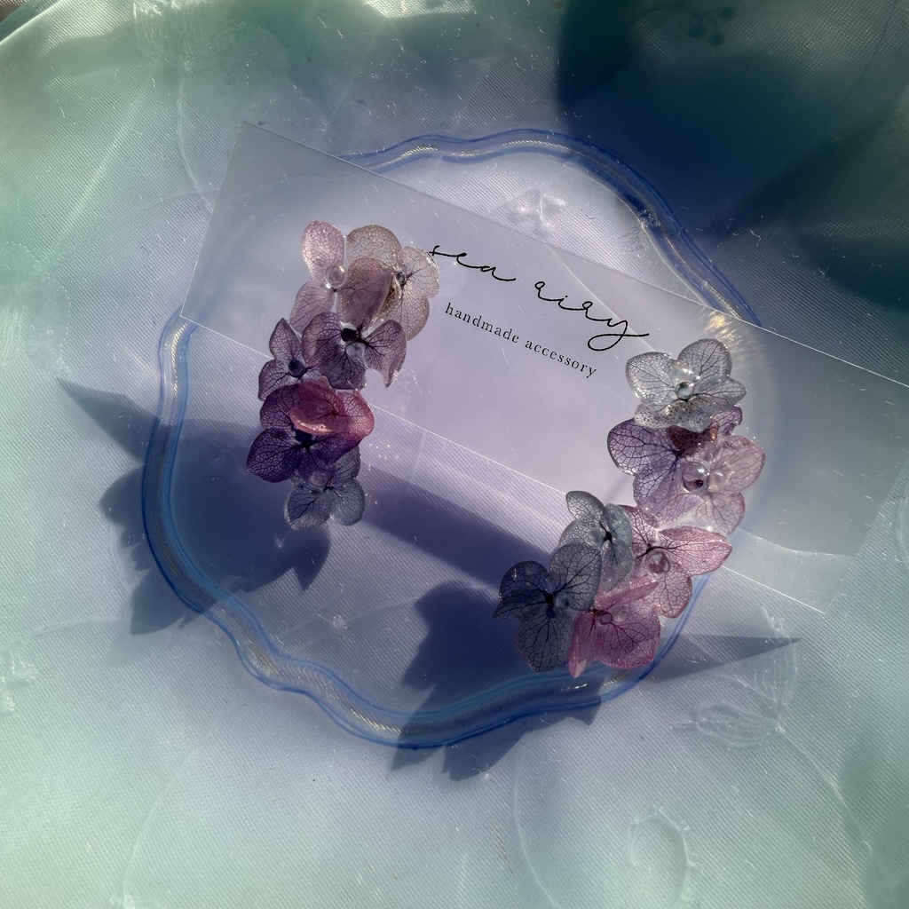 no.337 紫陽花連なるピアス 本物のお花 紫陽花 アジサイ マーメイド バブル サージカルステンレス ピアス
