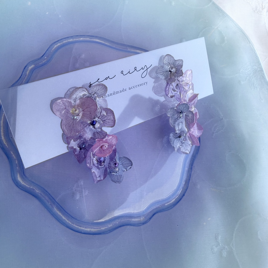 no.337 紫陽花連なるピアス 本物のお花 紫陽花 アジサイ マーメイド バブル サージカルステンレス ピアス