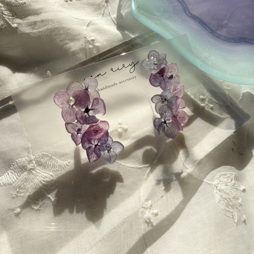 no.337 紫陽花連なるピアス 本物のお花 紫陽花 アジサイ マーメイド バブル サージカルステンレス ピアス