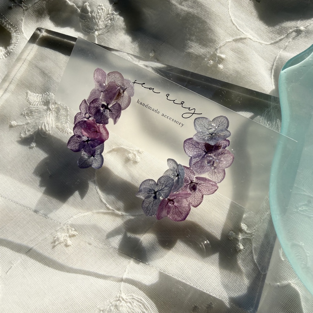 no.337 紫陽花連なるピアス 本物のお花 紫陽花 アジサイ マーメイド バブル サージカルステンレス ピアス