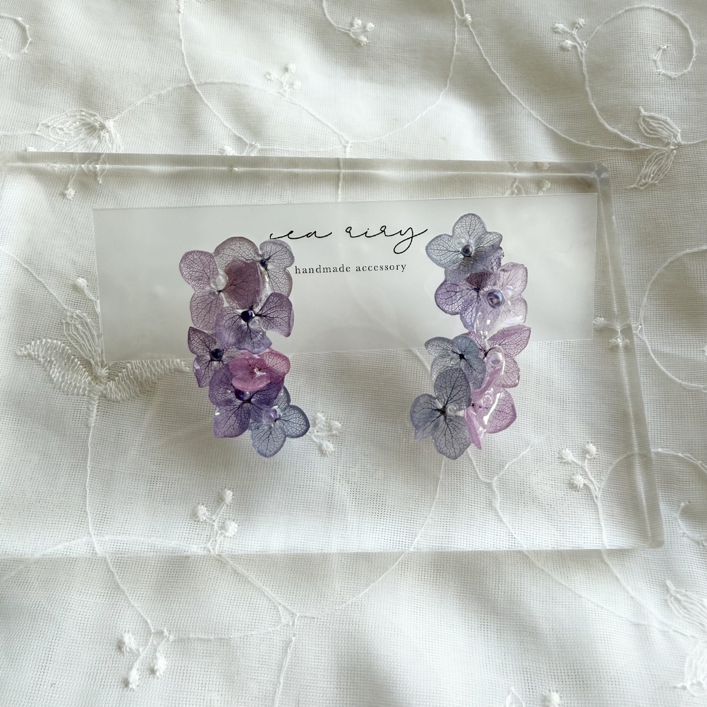 no.337 紫陽花連なるピアス 本物のお花 紫陽花 アジサイ マーメイド バブル サージカルステンレス ピアス