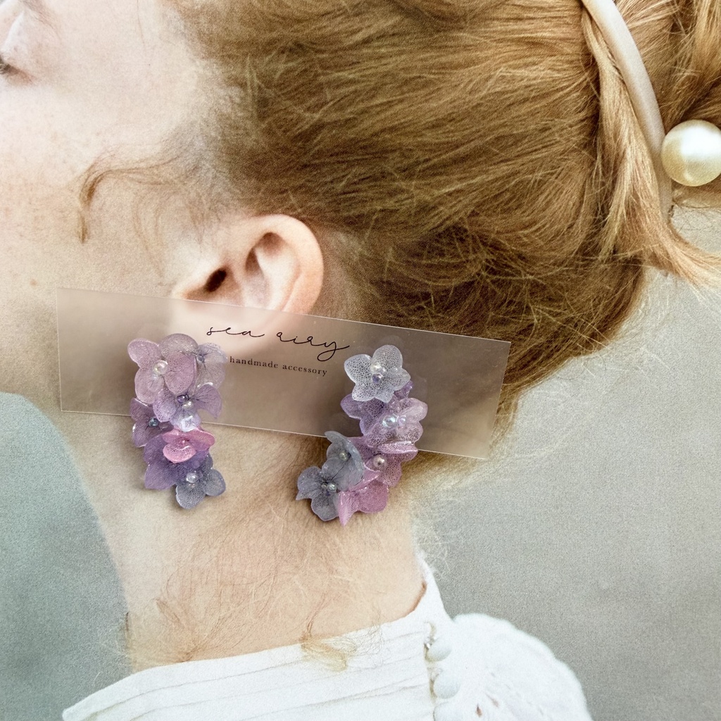 no.337 紫陽花連なるピアス 本物のお花 紫陽花 アジサイ マーメイド バブル サージカルステンレス ピアス