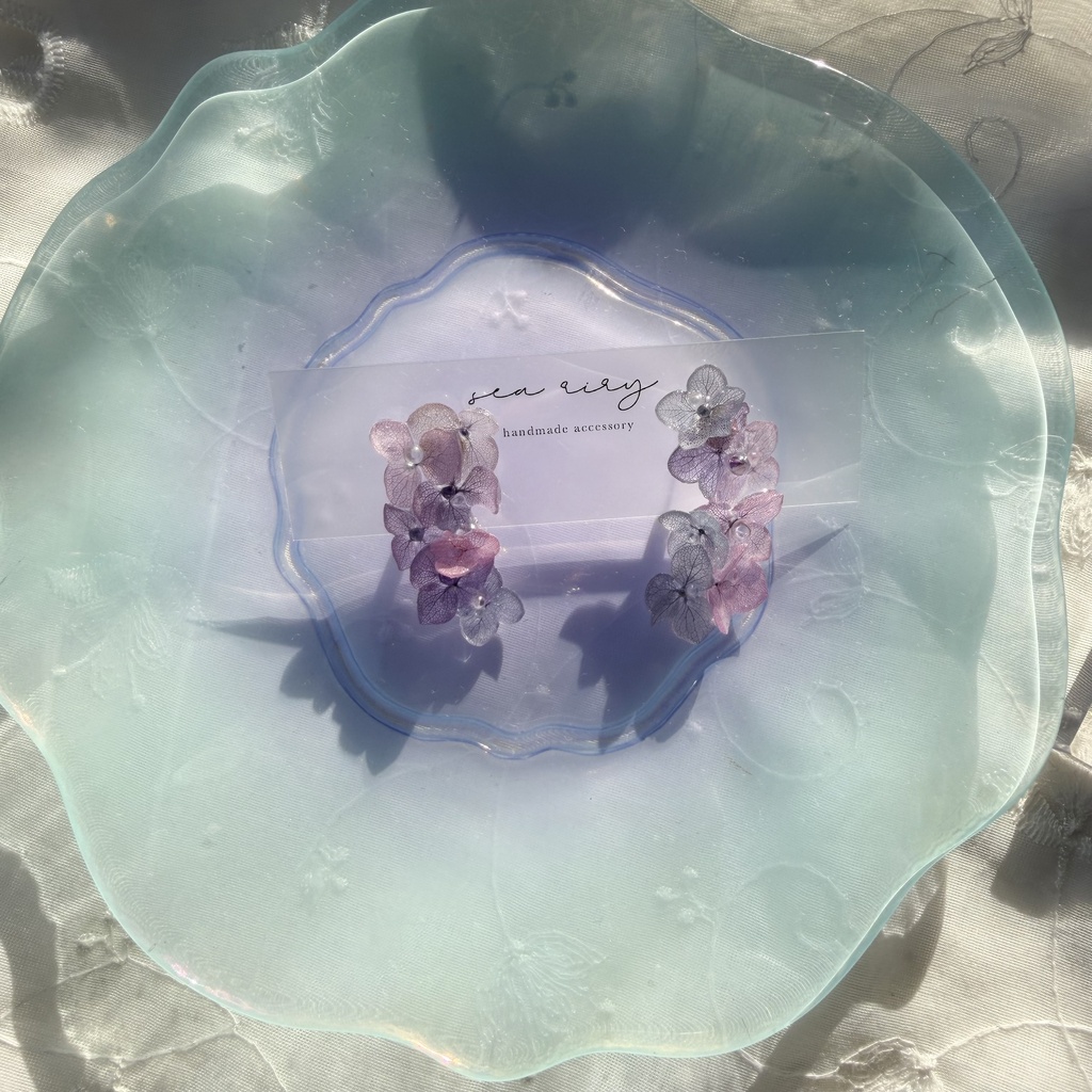 no.337 紫陽花連なるピアス 本物のお花 紫陽花 アジサイ マーメイド バブル サージカルステンレス ピアス