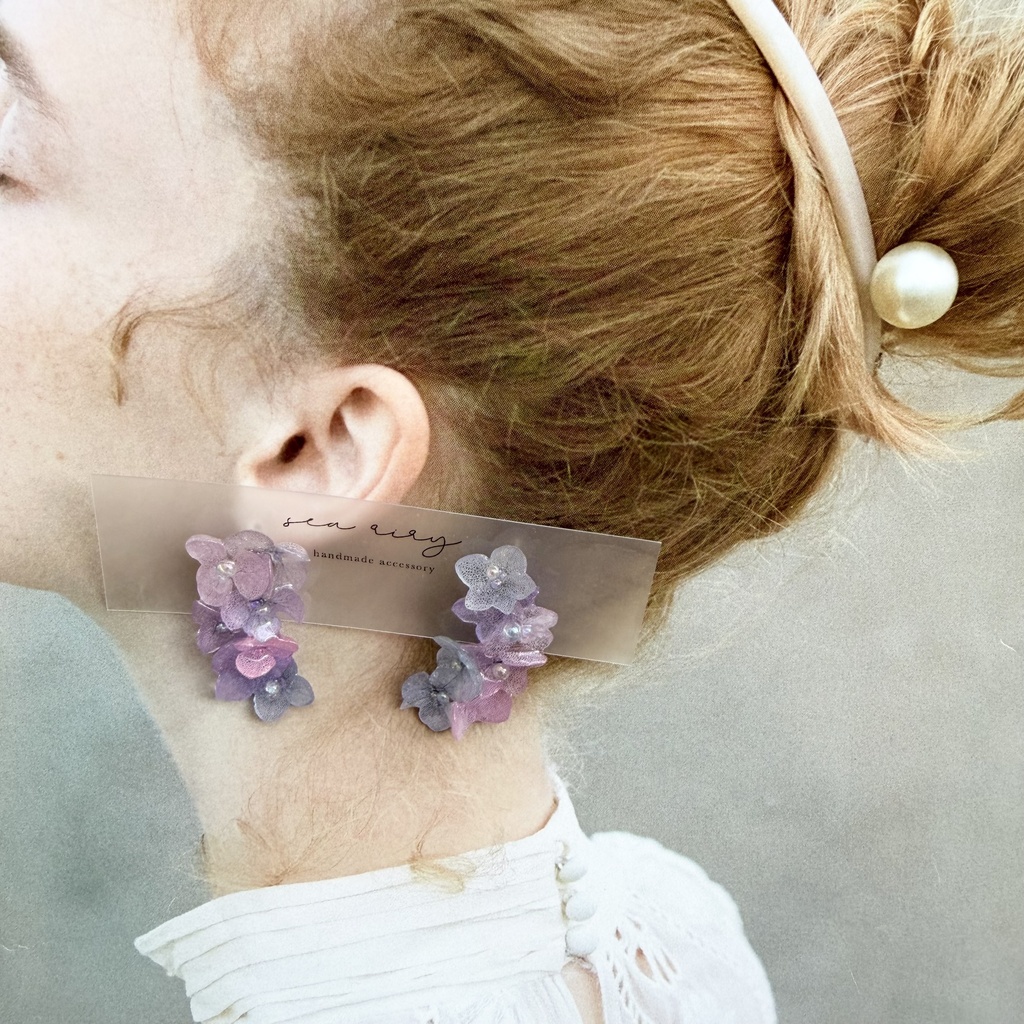 no.337 紫陽花連なるピアス 本物のお花 紫陽花 アジサイ マーメイド バブル サージカルステンレス ピアス
