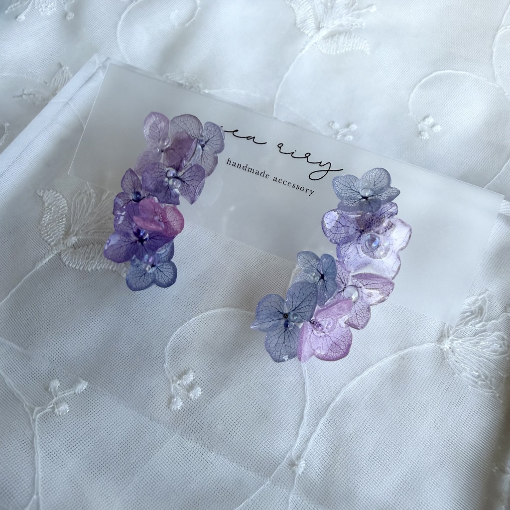 no.337 紫陽花連なるピアス 本物のお花 紫陽花 アジサイ マーメイド バブル サージカルステンレス ピアス