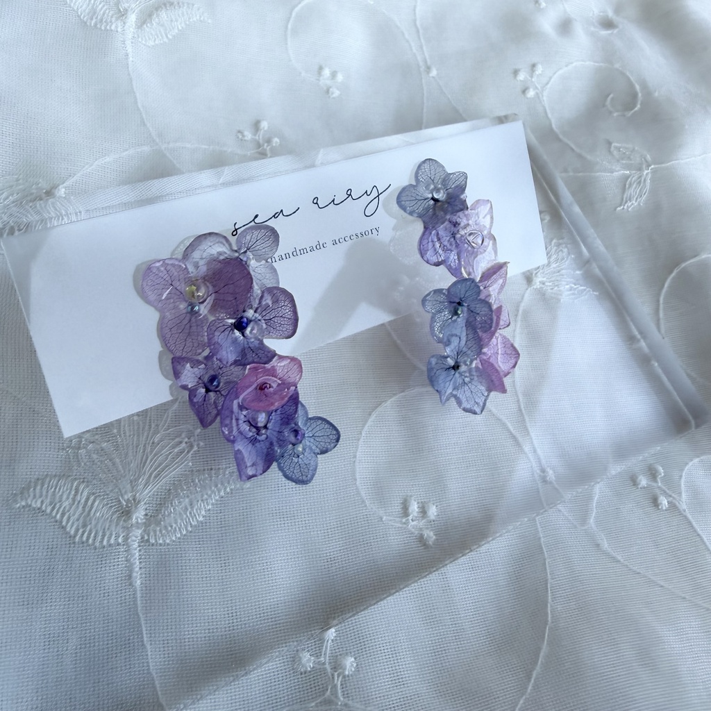 no.337 紫陽花連なるピアス 本物のお花 紫陽花 アジサイ マーメイド バブル サージカルステンレス ピアス