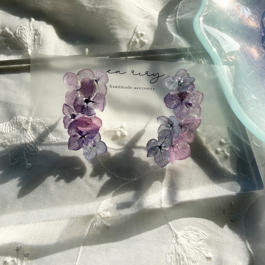 no.337 紫陽花連なるピアス 本物のお花 紫陽花 アジサイ マーメイド バブル サージカルステンレス ピアス