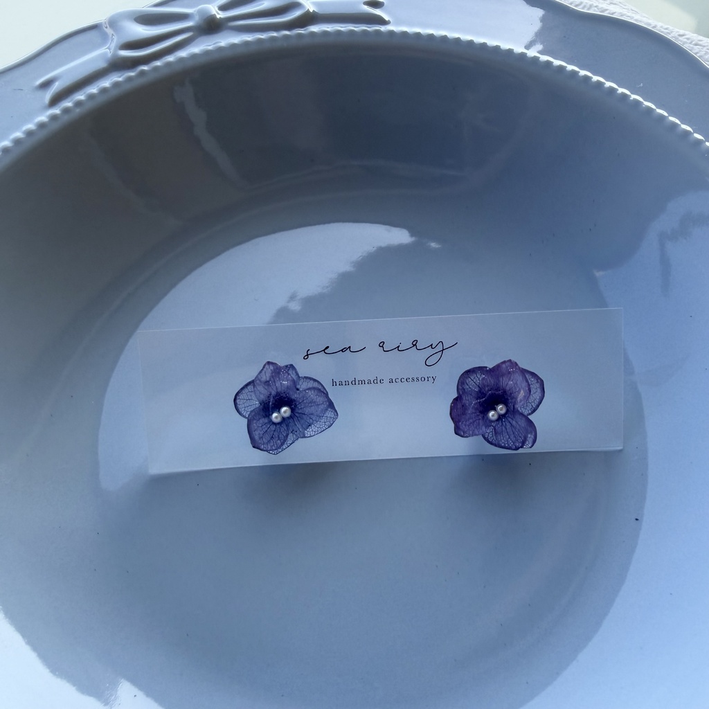 no.342 再販 パープルグラデの紫陽花ピアス 本物のお花 紫陽花 パープルグラデ フラワー ステンレス ピアス