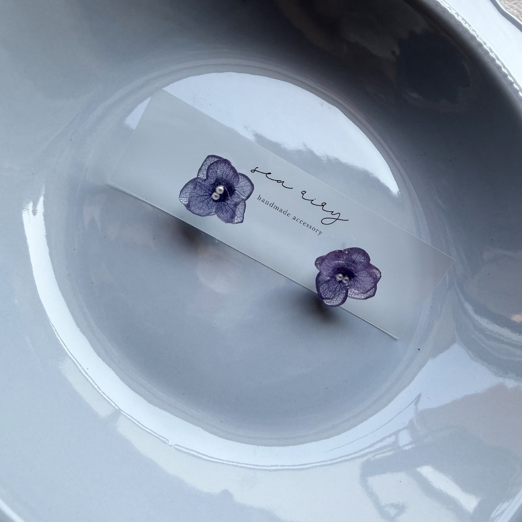 no.342 再販 パープルグラデの紫陽花ピアス 本物のお花 紫陽花 パープルグラデ フラワー ステンレス ピアス