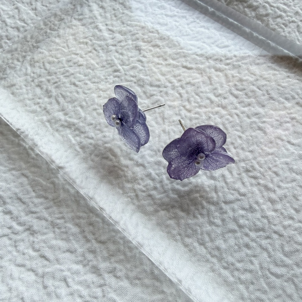 no.342 再販 パープルグラデの紫陽花ピアス 本物のお花 紫陽花 パープルグラデ フラワー ステンレス ピアス