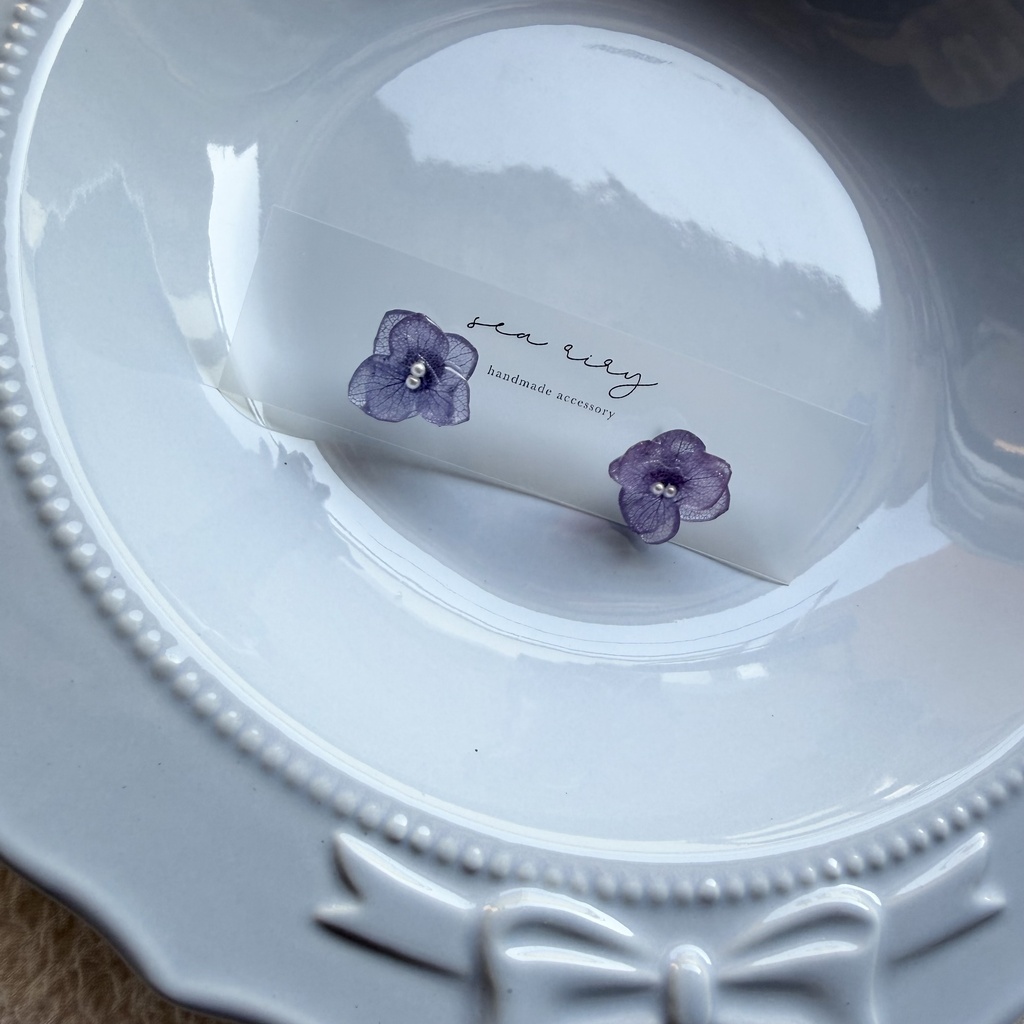 no.342 再販 パープルグラデの紫陽花ピアス 本物のお花 紫陽花 パープルグラデ フラワー ステンレス ピアス