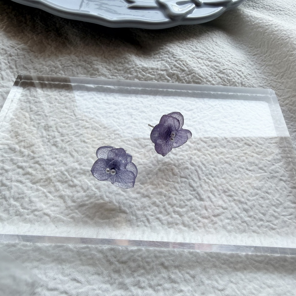 no.342 再販 パープルグラデの紫陽花ピアス 本物のお花 紫陽花 パープルグラデ フラワー ステンレス ピアス