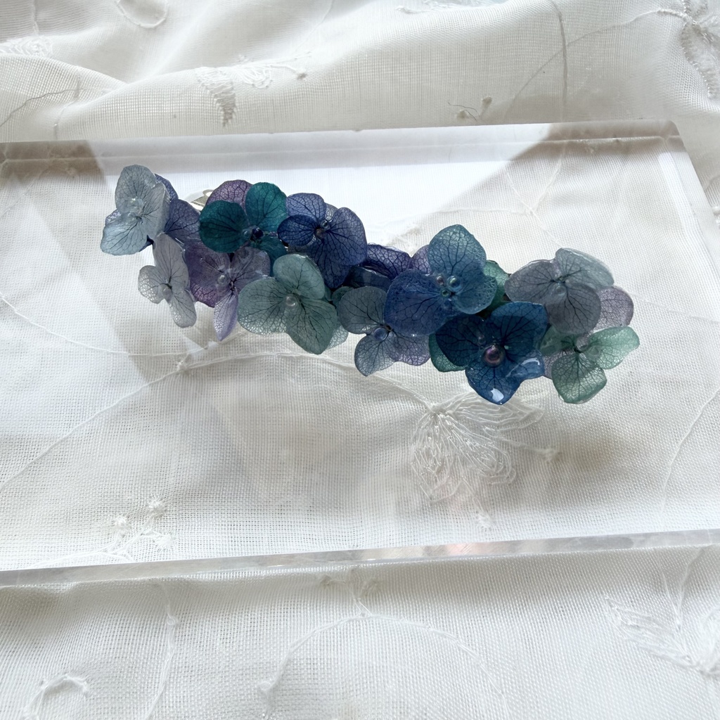 no.351 ブルーmixの紫陽花ヘアバレッタ 本物のお花 紫陽花 髪飾り ヘアアクセサリー 着物 浴衣