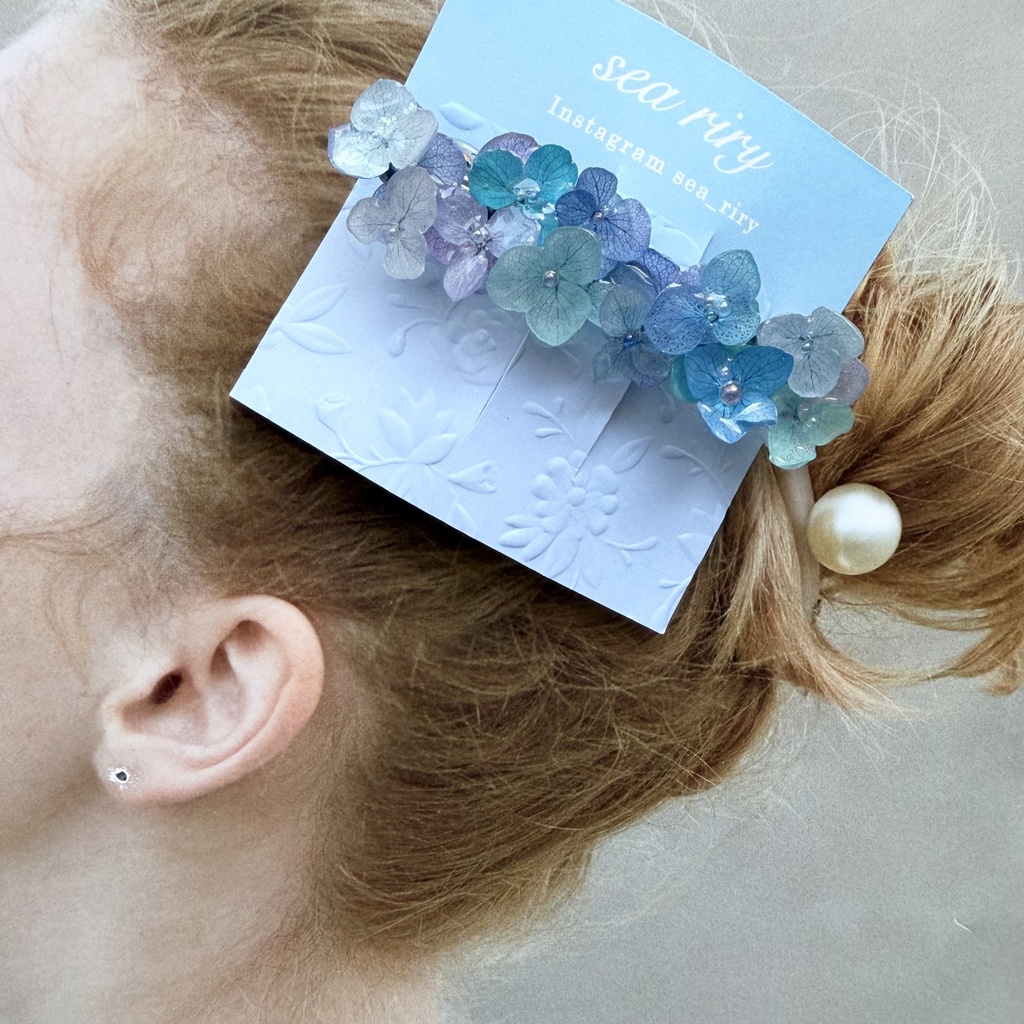 no.351 ブルーmixの紫陽花ヘアバレッタ 本物のお花 紫陽花 髪飾り ヘアアクセサリー 着物 浴衣