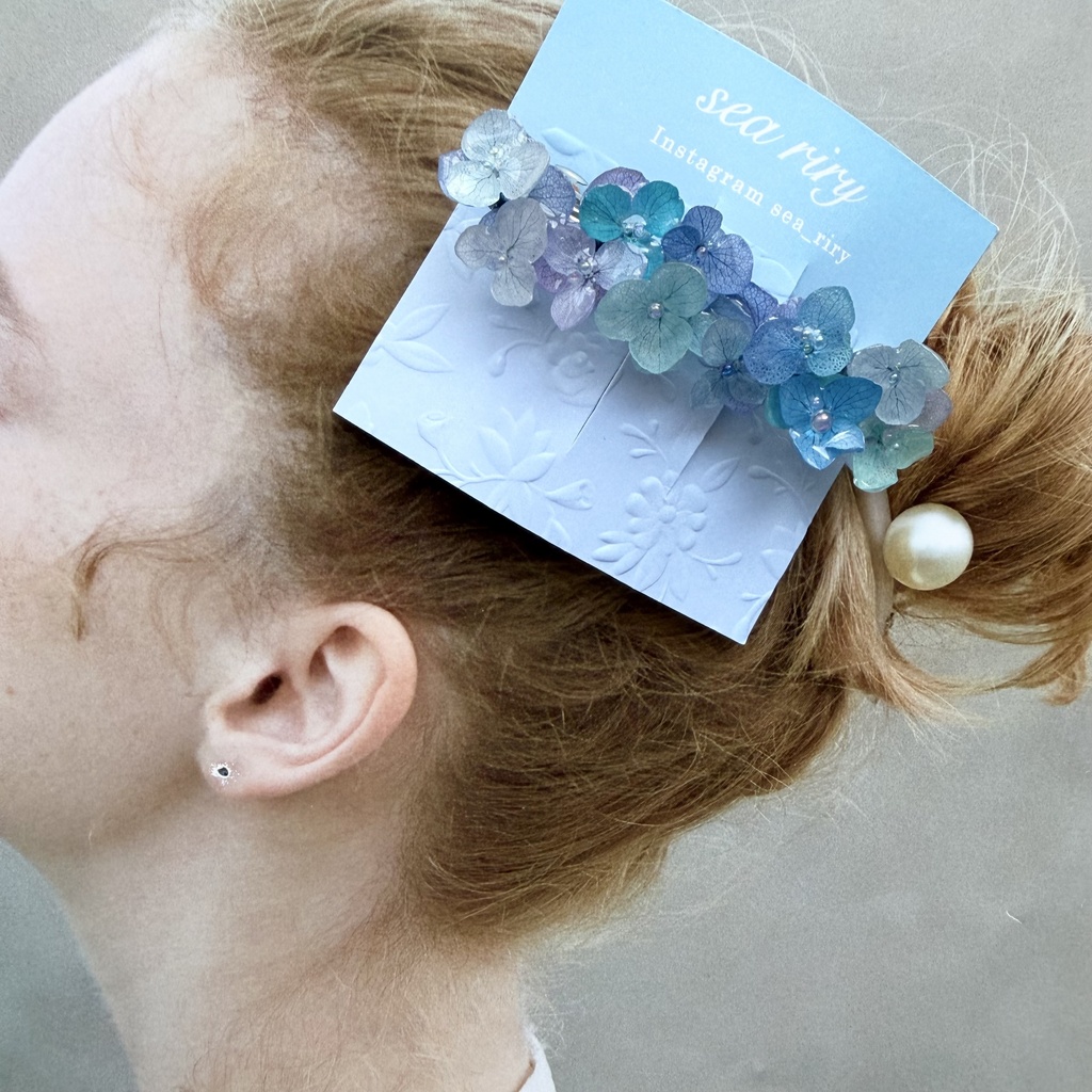 no.351 ブルーmixの紫陽花ヘアバレッタ 本物のお花 紫陽花 髪飾り ヘアアクセサリー 着物 浴衣