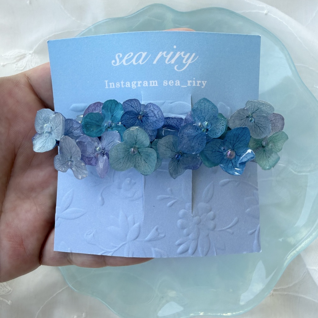 no.351 ブルーmixの紫陽花ヘアバレッタ 本物のお花 紫陽花 髪飾り ヘアアクセサリー 着物 浴衣