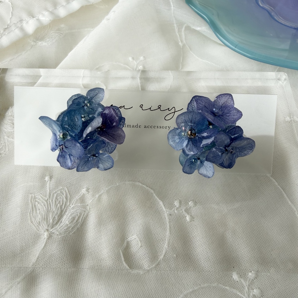 no.353 ブルーmixの紫陽花ピアス 本物のお花 アジサイ あじさい ブルー パープル サージカルステンレス ピアス