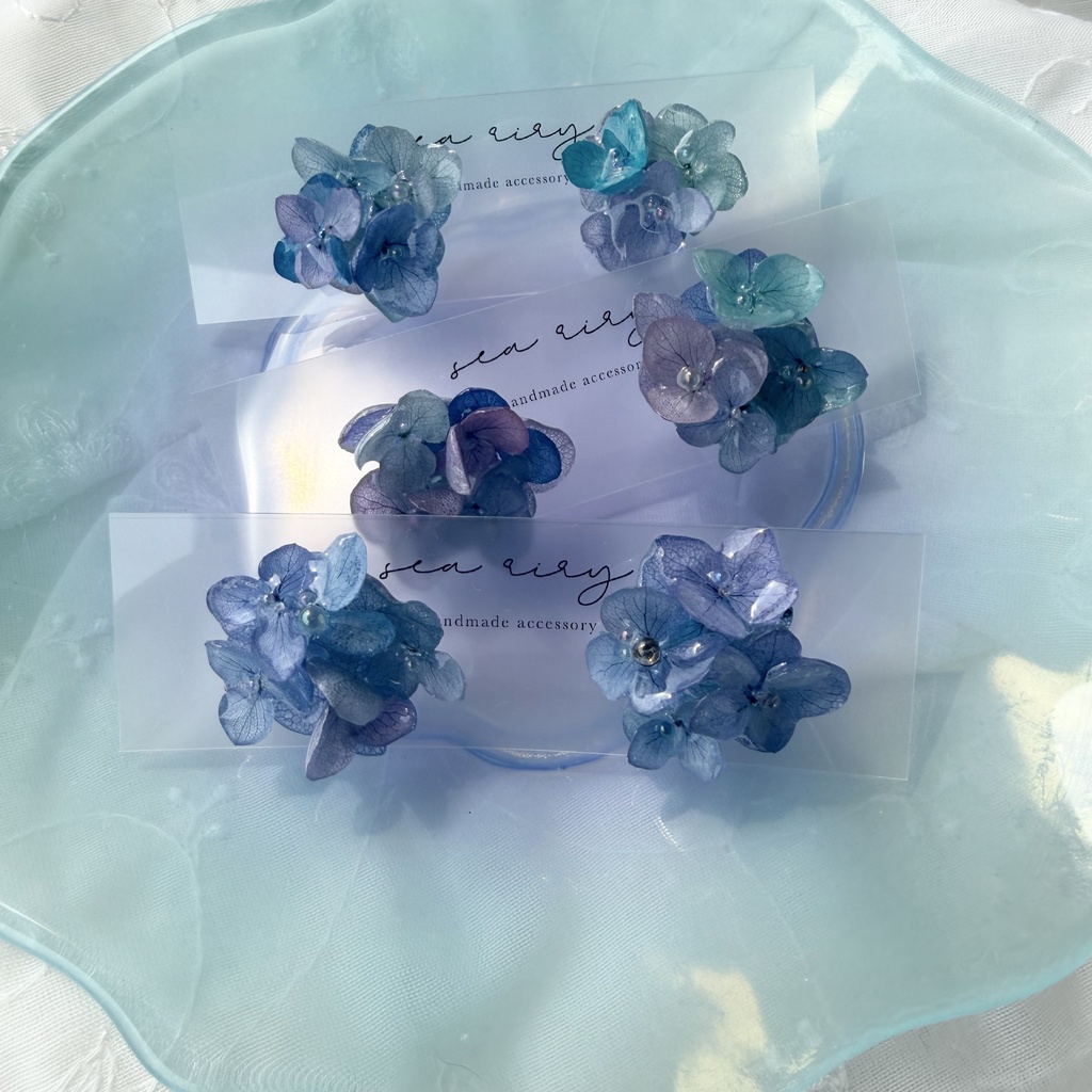 no.353 ブルーmixの紫陽花ピアス 本物のお花 アジサイ あじさい ブルー パープル サージカルステンレス ピアス