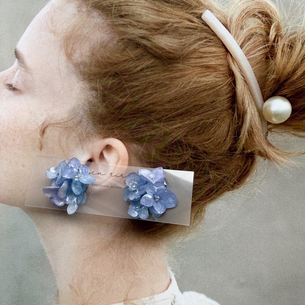 no.353 ブルーmixの紫陽花ピアス 本物のお花 アジサイ あじさい ブルー パープル サージカルステンレス ピアス