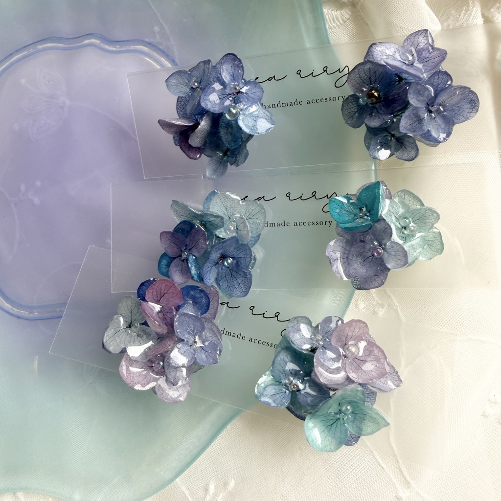 no.353 ブルーmixの紫陽花ピアス 本物のお花 アジサイ あじさい ブルー パープル サージカルステンレス ピアス