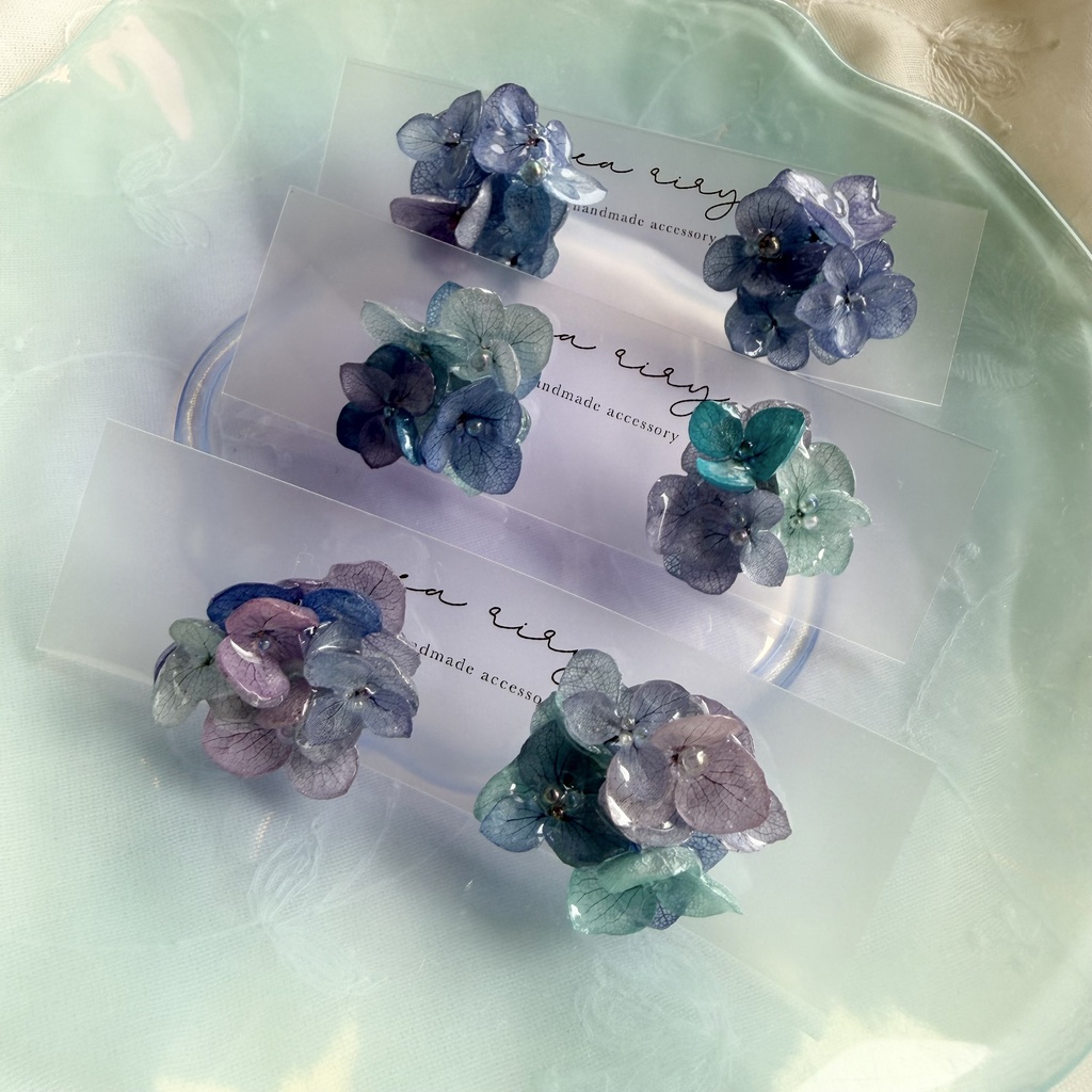 no.353 ブルーmixの紫陽花ピアス 本物のお花 アジサイ あじさい ブルー パープル サージカルステンレス ピアス