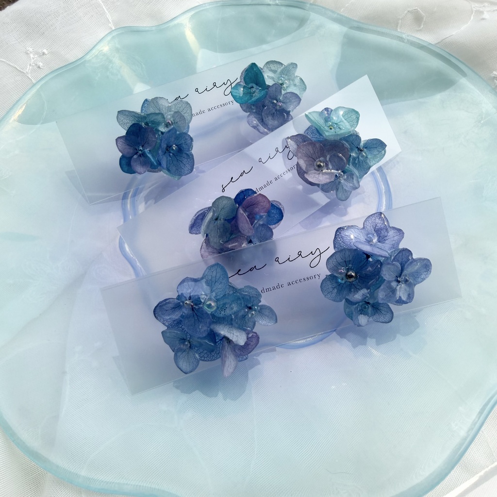no.353 ブルーmixの紫陽花ピアス 本物のお花 アジサイ あじさい ブルー パープル サージカルステンレス ピアス