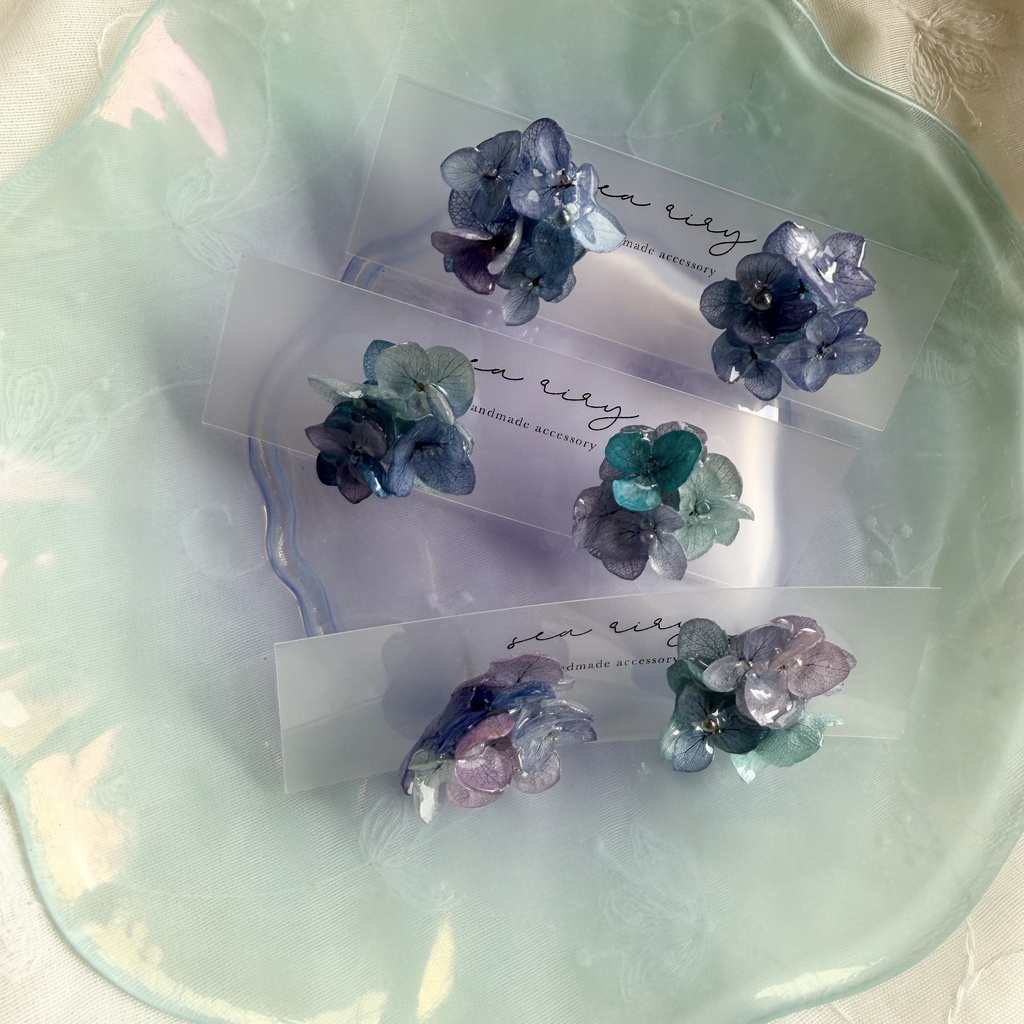no.354 ブルーmixの紫陽花ピアス 本物のお花 アジサイ あじさい ブルー パープル サージカルステンレス ピアス